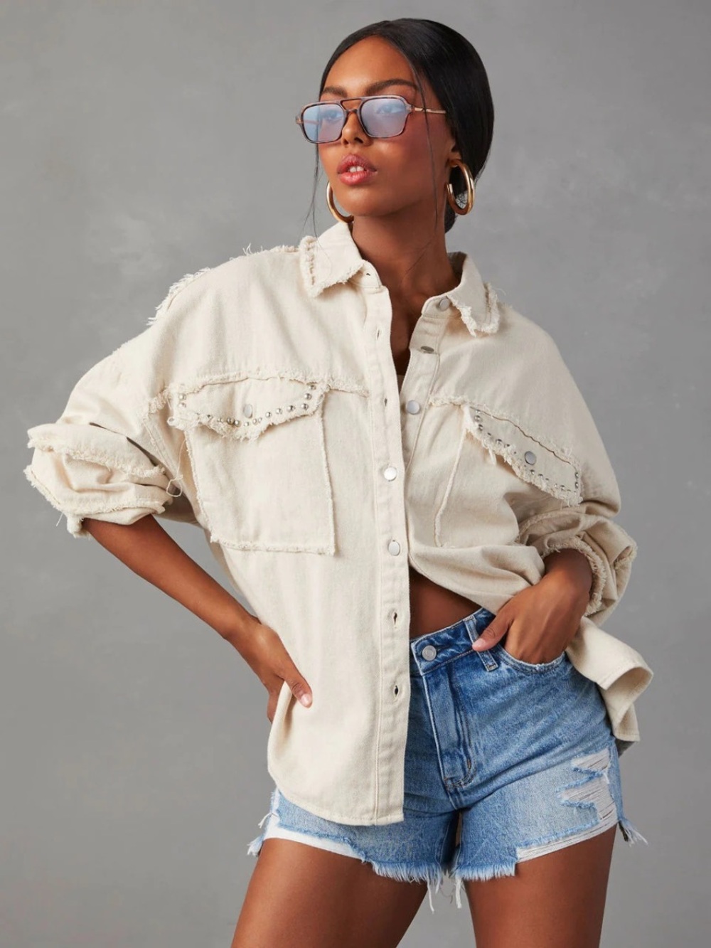 POL 100% Cotton Distressed Denim Shirt Jacket Ivory Fringe Studded Size L